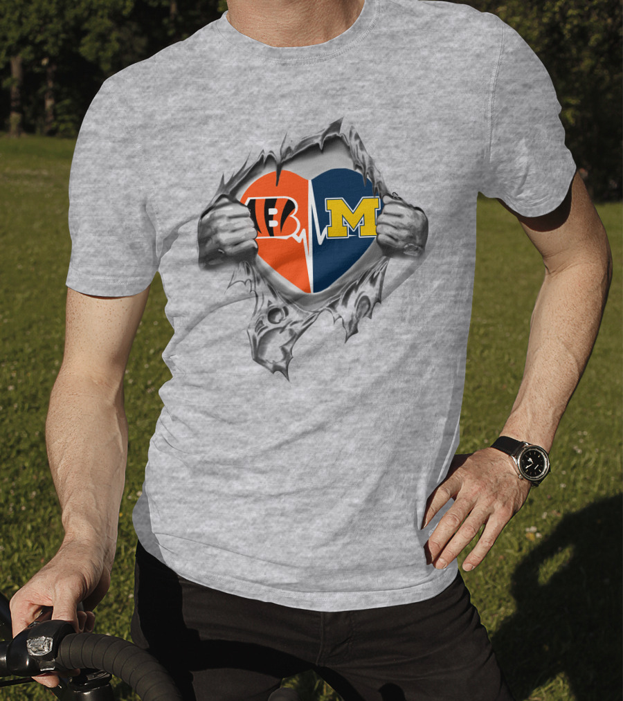 Michigan Wolverines Cincinnati Bengals Heartbeat Fan T-Shirt
