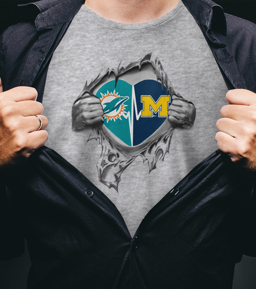 Miami Dolphins Michigan Wolverines Heart Torn T-Shirt