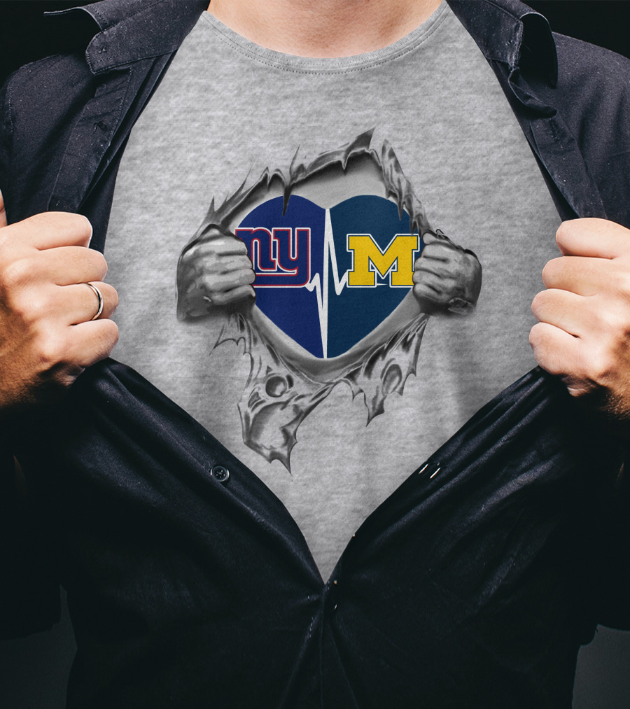 Michigan Wolverines New York Giants Heartbeat Fusion Icon With Logos In Heart-Shaped T-Shirt