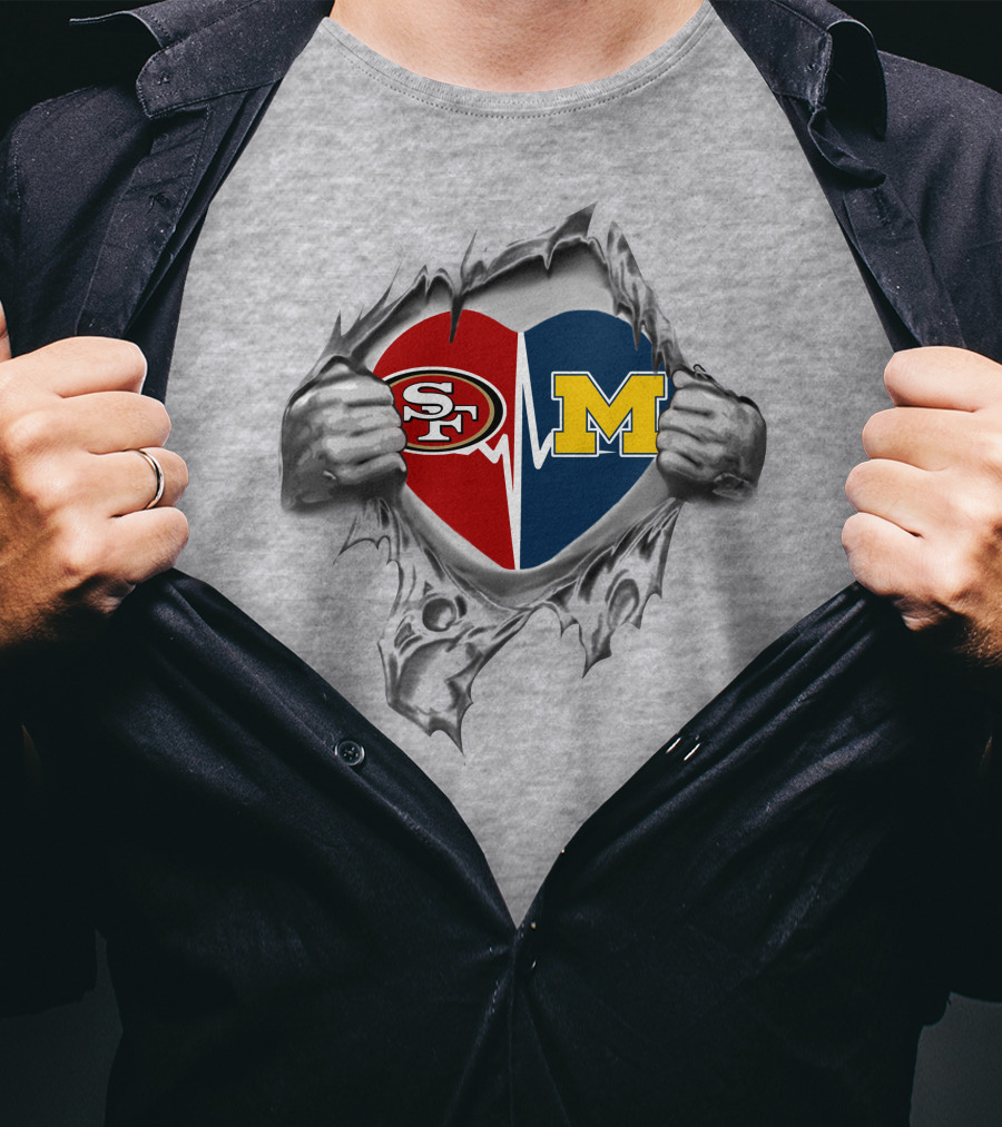 Michigan Wolverines Heartbeat San Francisco 49ers Fan Passion Fusion T-Shirt