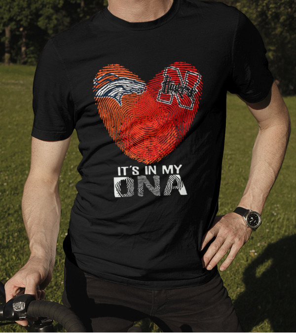 Denver Broncos Nebraska Cornhuskers Heart Thumbprint It's In My DNA T-Shirt