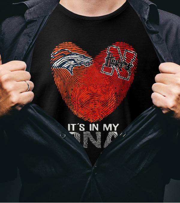 Denver Broncos Nebraska Cornhuskers Heart Thumbprint It's In My DNA T-Shirt
