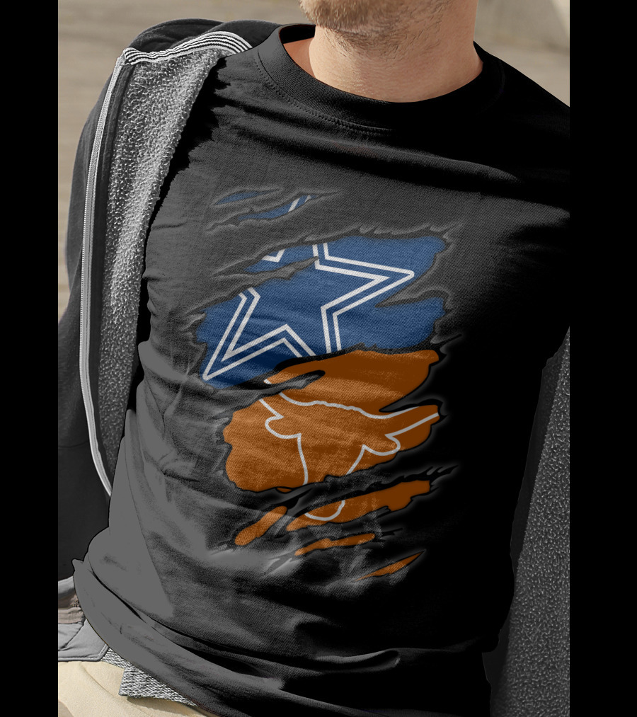 Cowboys Star And Texas Longhorns Logo Peeking Through Ripped T-Shirt