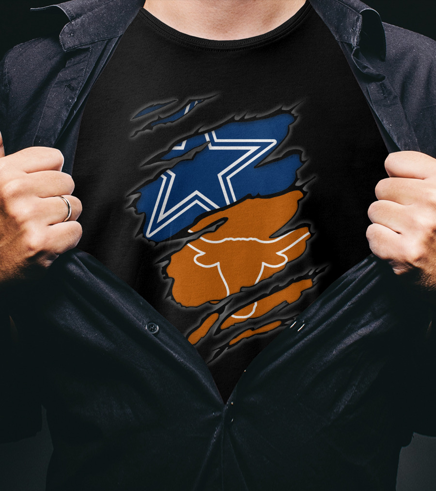 Cowboys Star And Texas Longhorns Logo Peeking Through Ripped T-Shirt