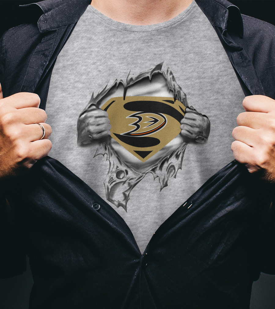 Anaheim Ducks Super Man Emblem Styled Logo Display T-Shirt