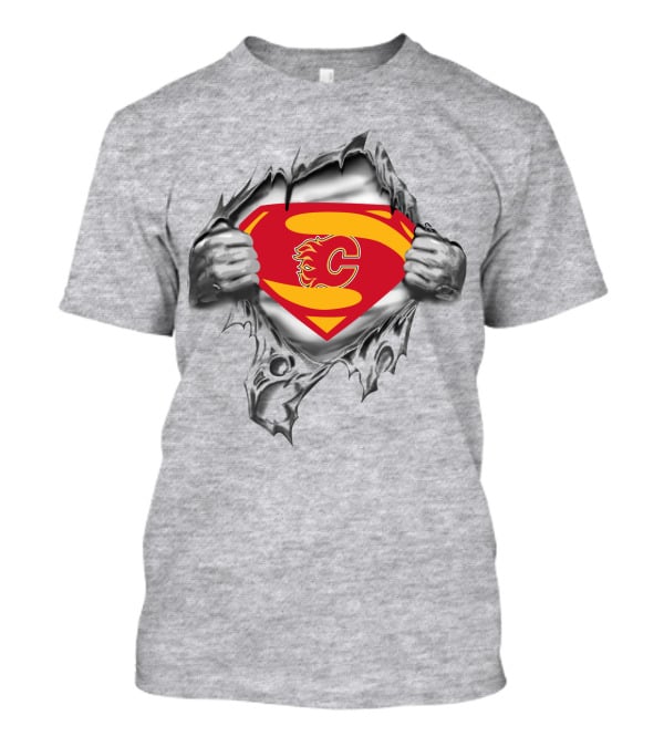 Calgary Flames Superman Logo Peeking Through Ripped Costume T-Shirt