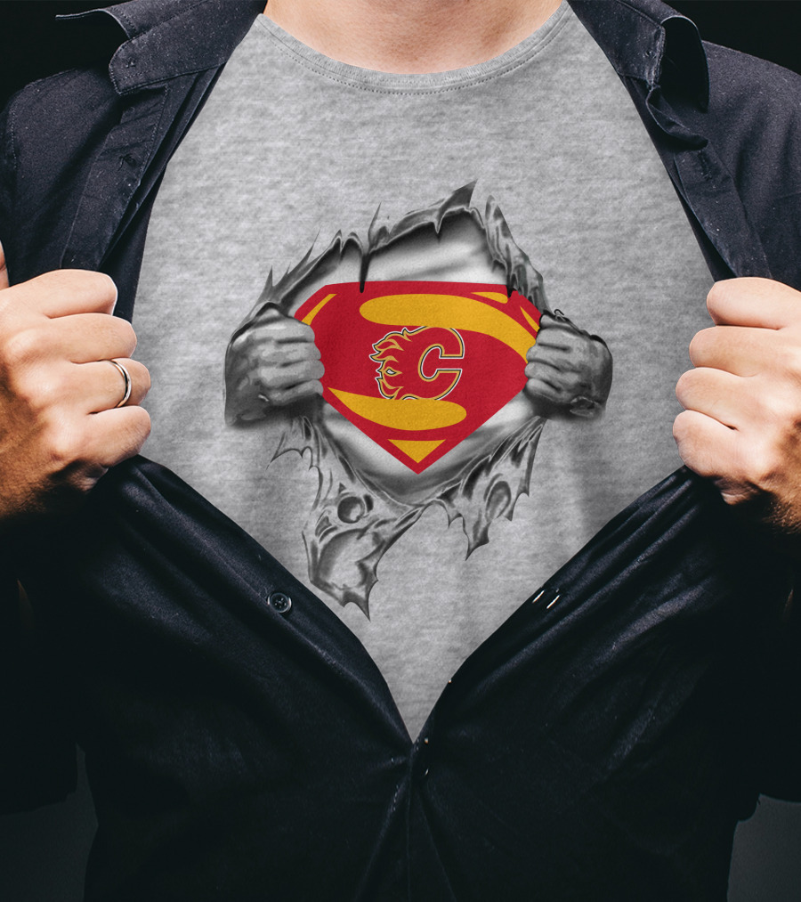Calgary Flames Superman Logo Peeking Through Ripped Costume T-Shirt