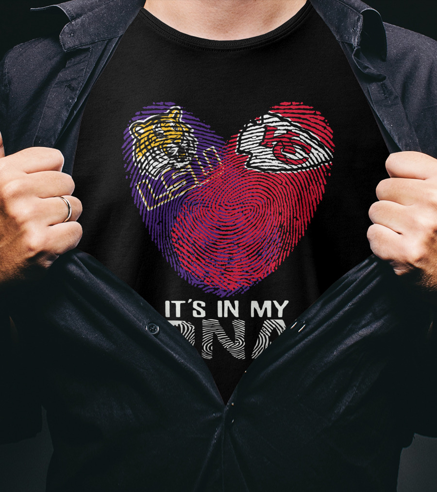 Lsu Tigers And Kansas City Chiefs It's In My Dna Fingerprint Heart T-Shirt