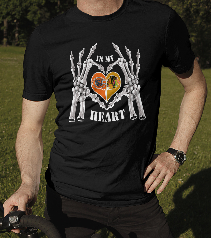 Chicago Bears Blackhawks In My Heart Skeleton Hands T-Shirt