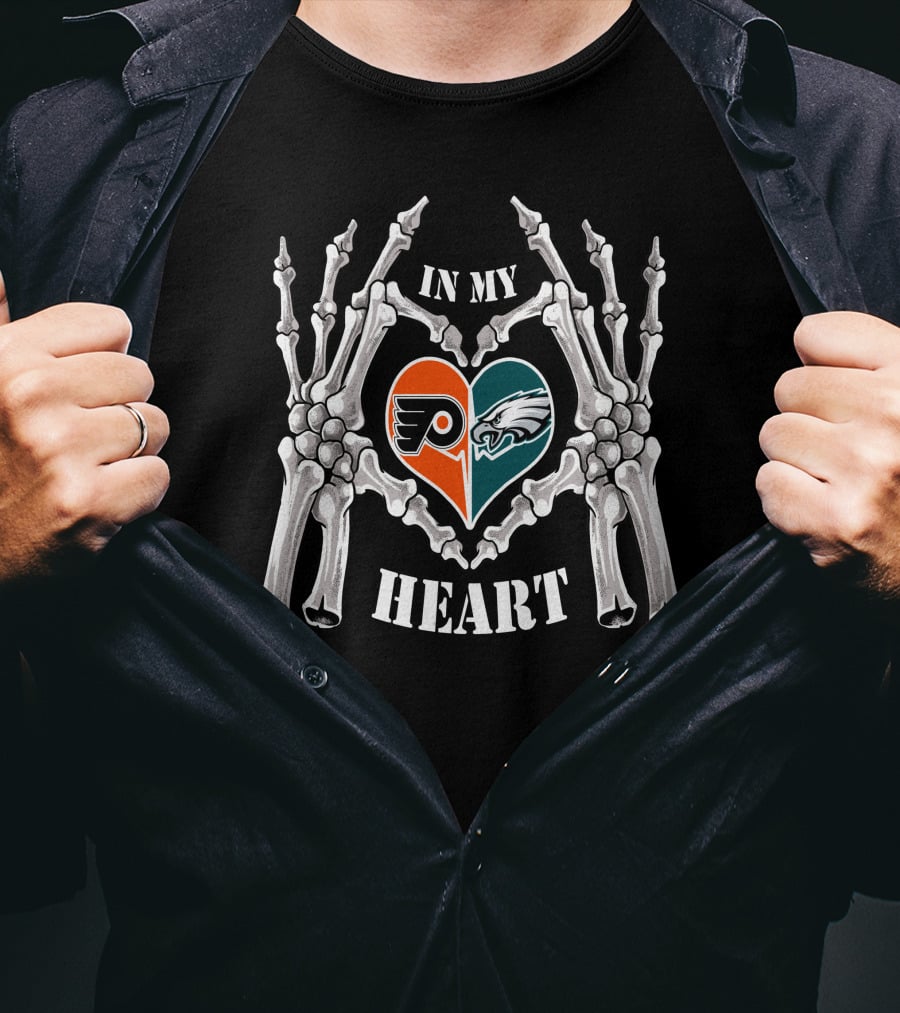 In My Heart Flyers Eagles Skeleton Hands Heart-Shaped T-Shirt
