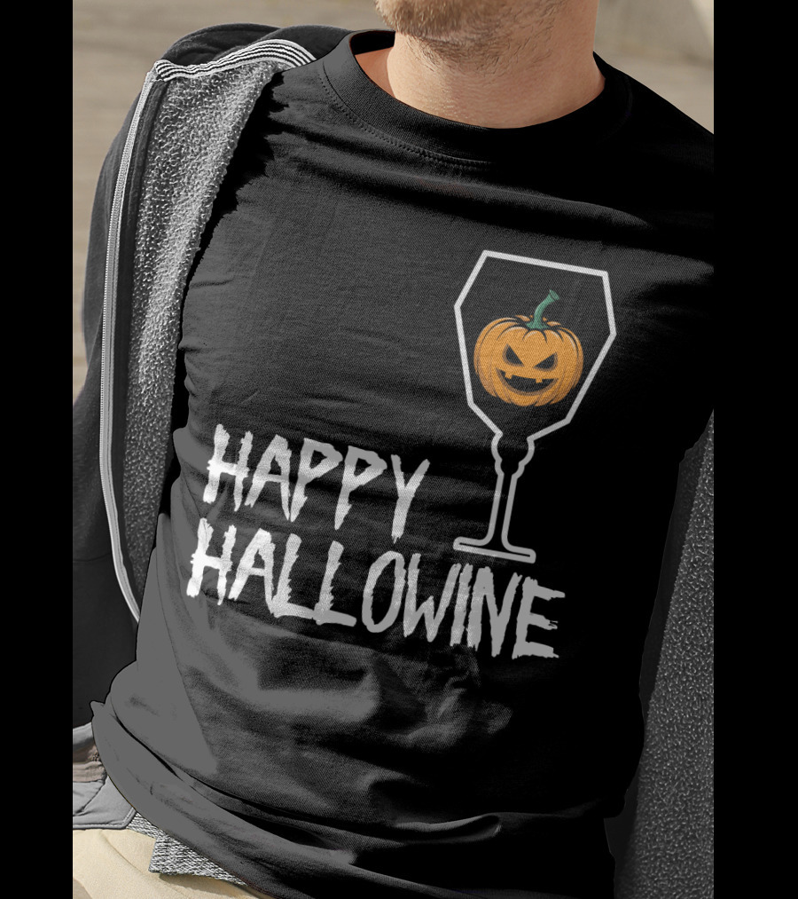 Happy Hallowine Jack-o'-Lantern Wine Glass Halloween Drinking Lover T-Shirt