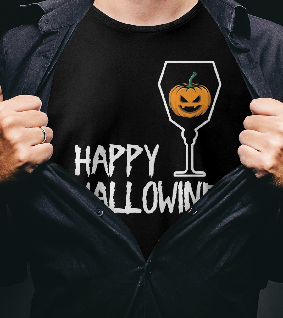 Happy Hallowine Jack-o'-Lantern Wine Glass Halloween Drinking Lover T-Shirt