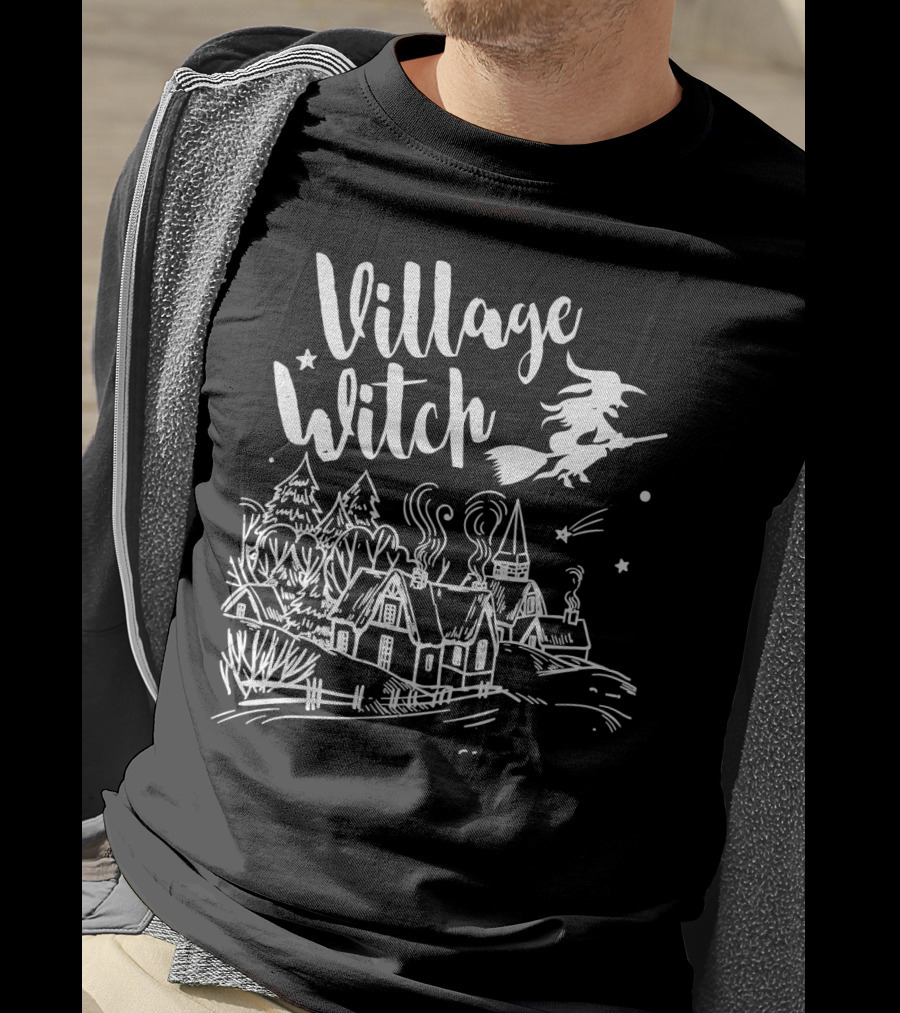 Village Witch Flying Over Enchanted Village Scene T-Shirt