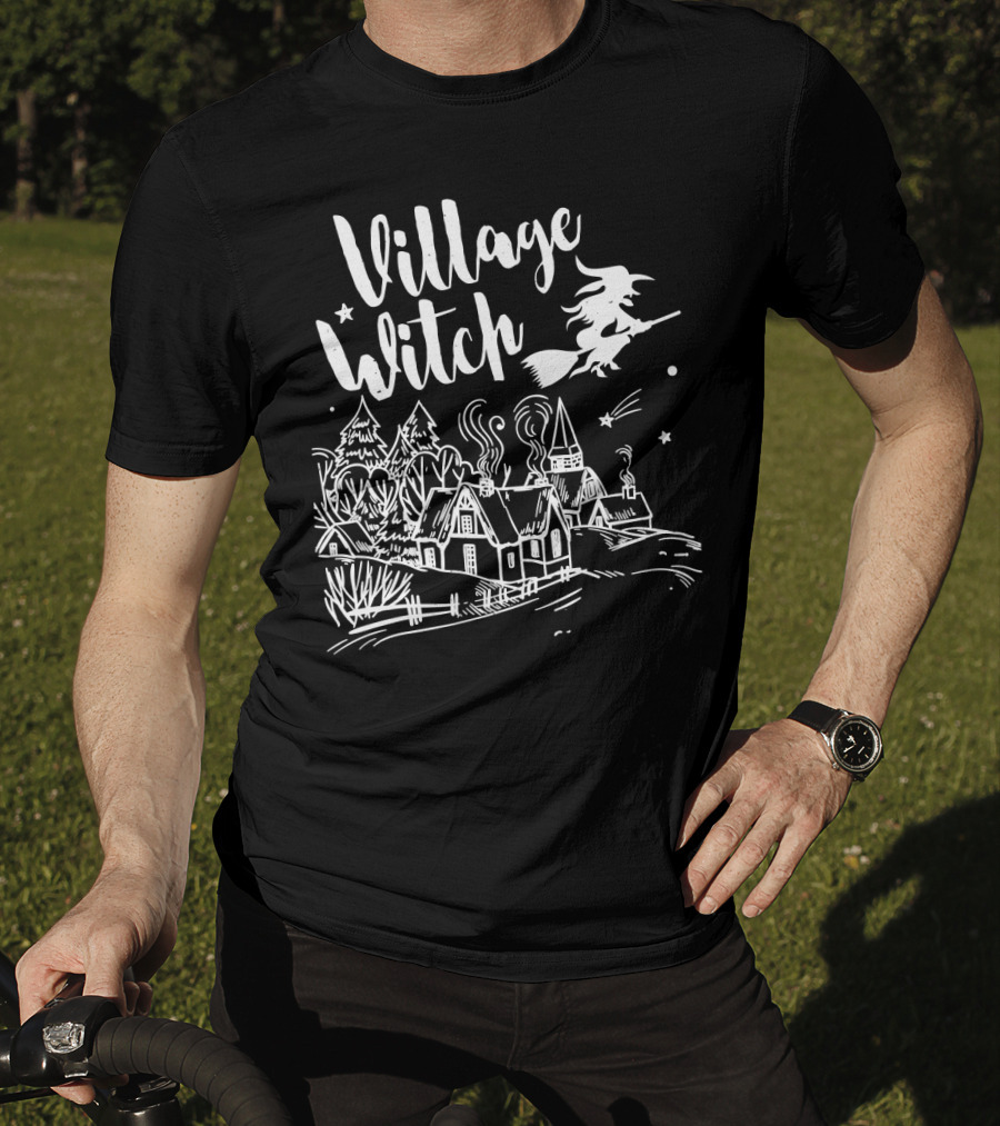 Village Witch Flying Over Enchanted Village Scene T-Shirt