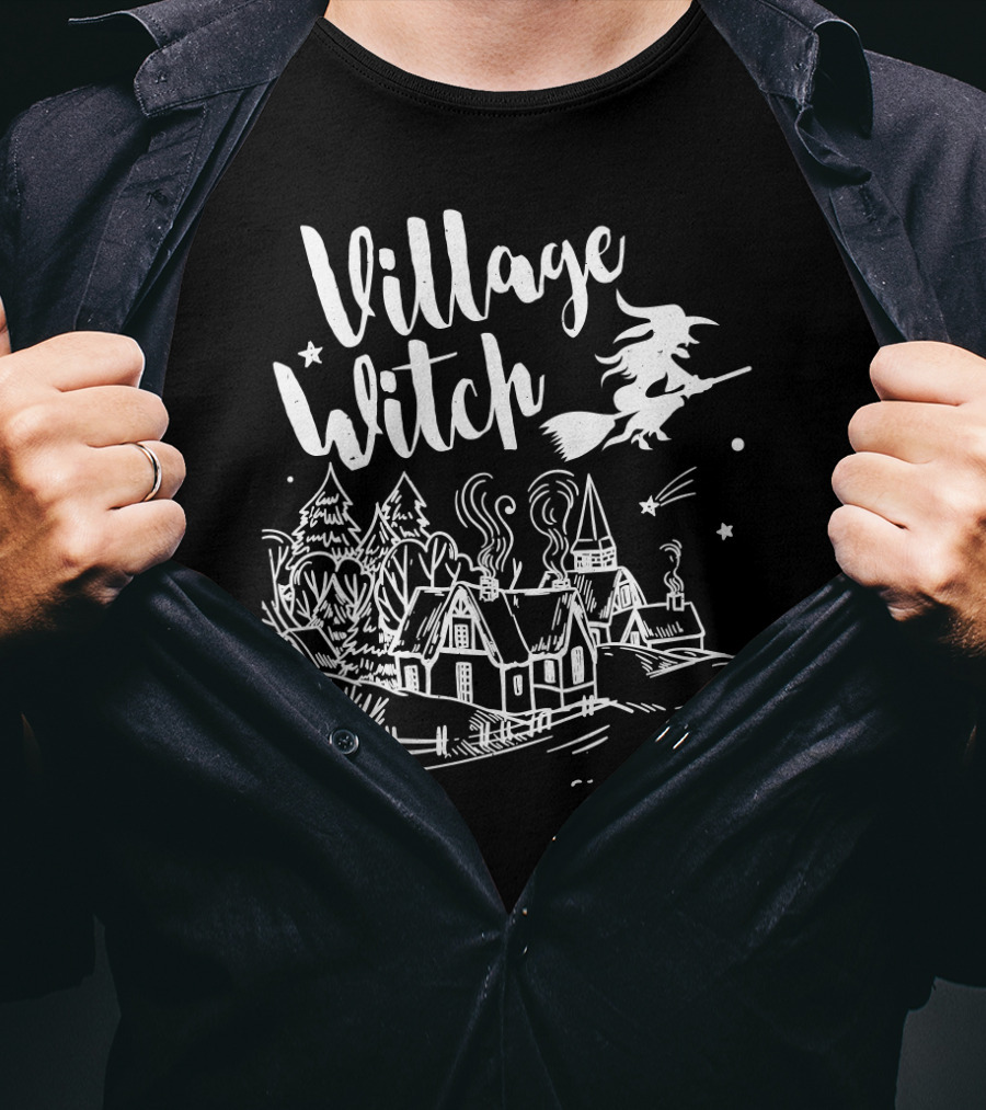 Village Witch Flying Over Enchanted Village Scene T-Shirt