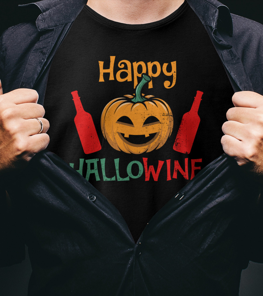 Happy Hallo Wine Pumpkin Jack-O'-Lantern With Wine Bottles T-Shirt