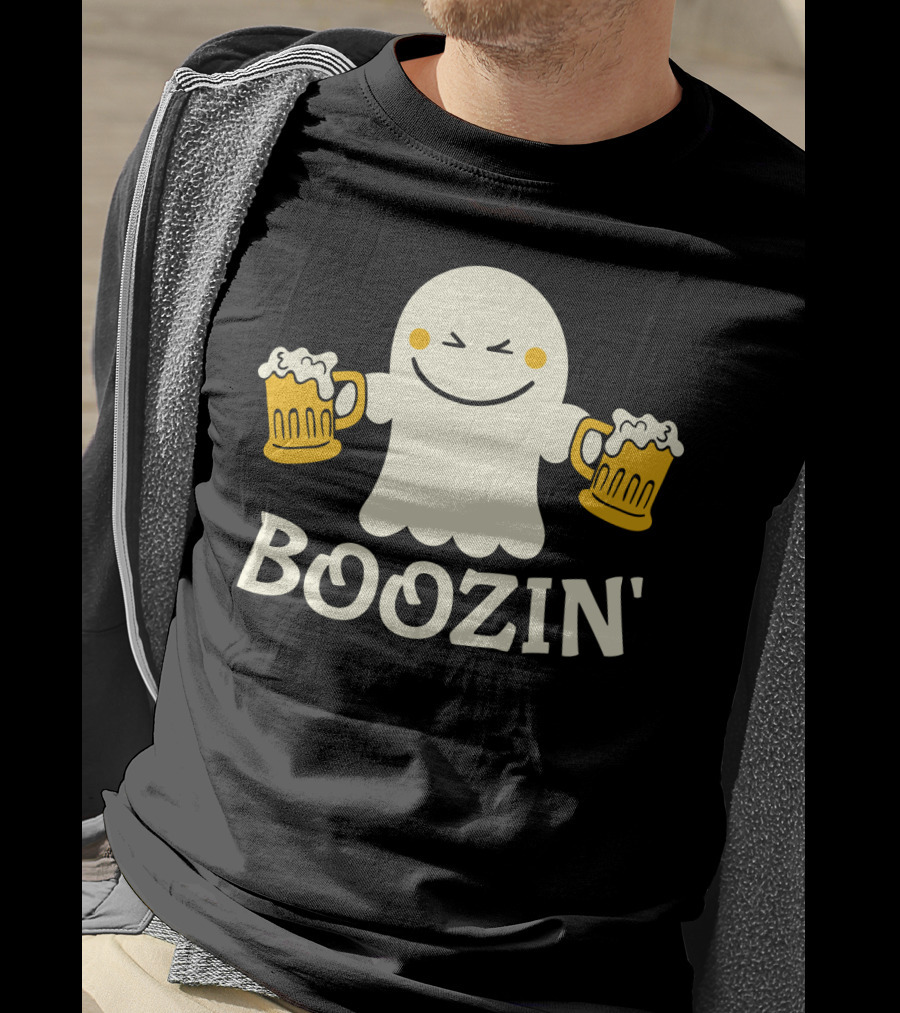 Boozin Ghost With Beer Mugs Halloween Fun T-Shirt
