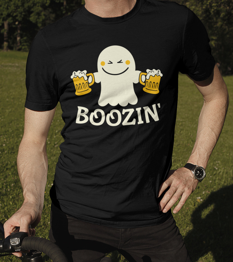Boozin Ghost With Beer Mugs Halloween Fun T-Shirt