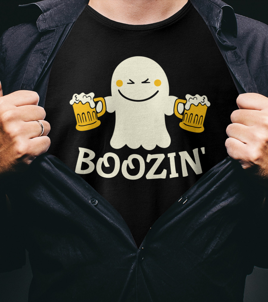 Boozin Ghost With Beer Mugs Halloween Fun T-Shirt