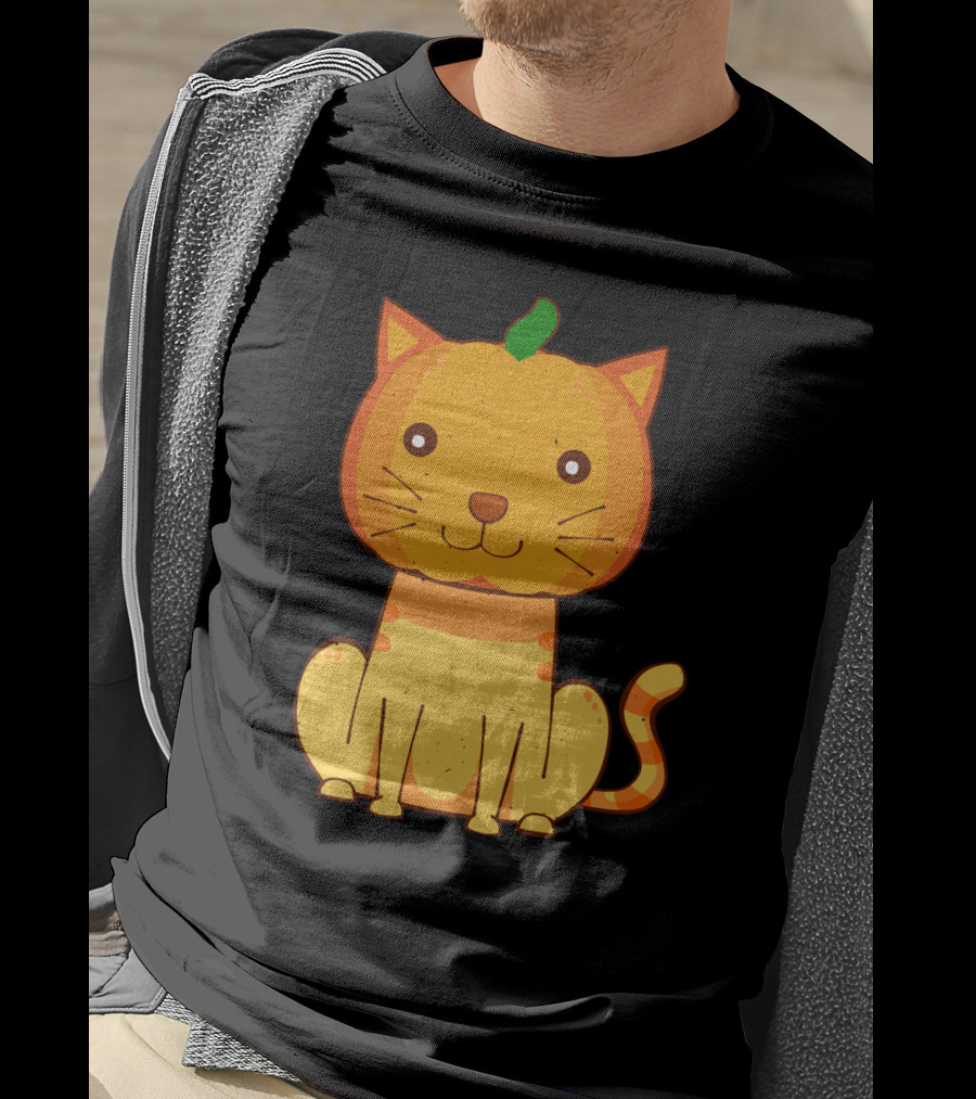 Halloween Pumpkin Cat Face And Striped Tail Whiskers T-Shirt