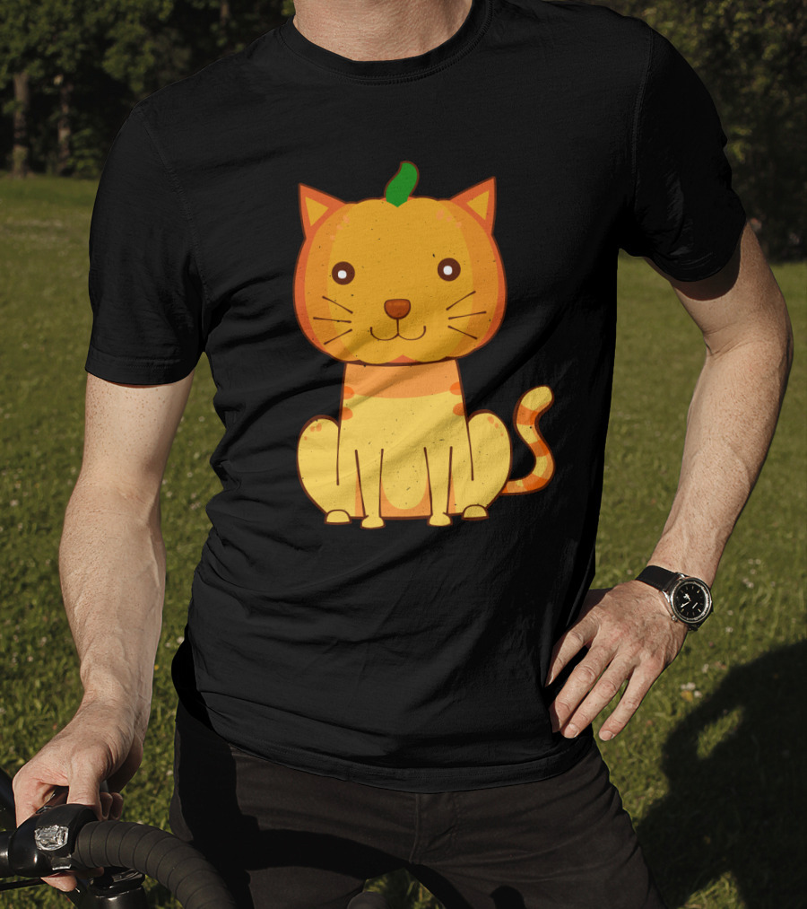 Halloween Pumpkin Cat Face And Striped Tail Whiskers T-Shirt