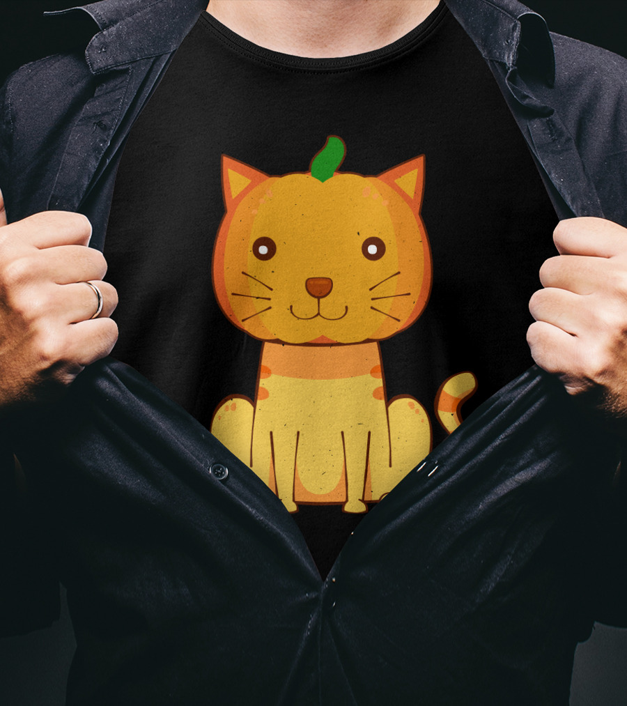Halloween Pumpkin Cat Face And Striped Tail Whiskers T-Shirt