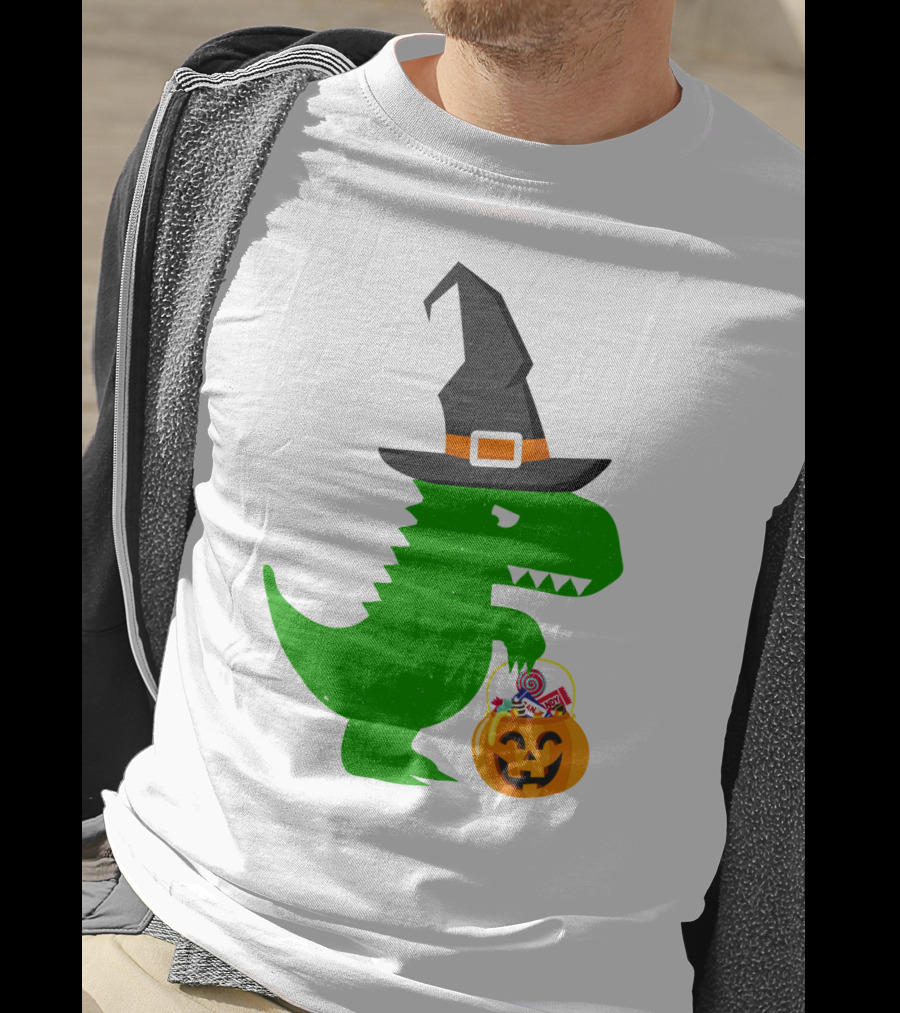 Witch Hat Dinosaur With Pumpkin Candy Bucket Halloween T-Shirt