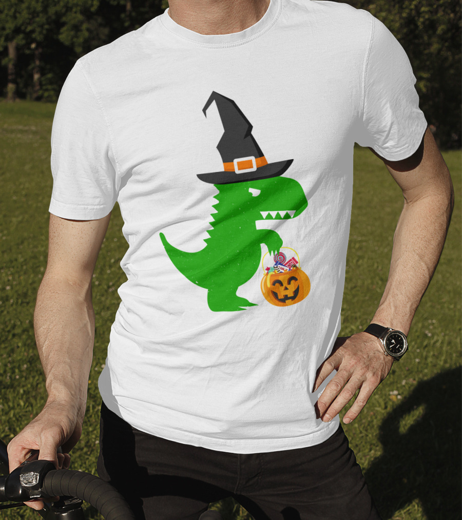 Witch Hat Dinosaur With Pumpkin Candy Bucket Halloween T-Shirt