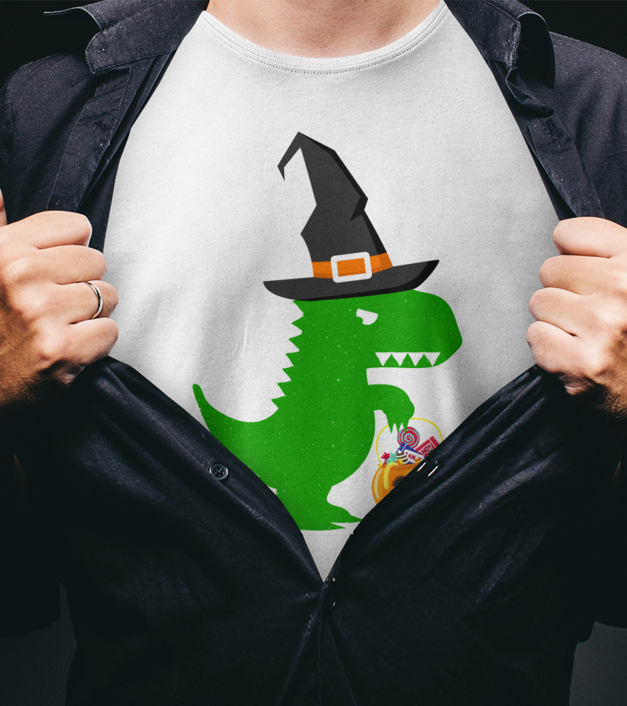 Witch Hat Dinosaur With Pumpkin Candy Bucket Halloween T-Shirt