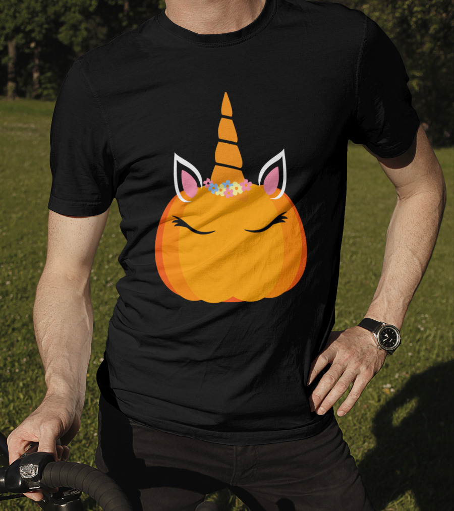 Unicorn Pumpkin With Floral Crown And Sleepy Eyes T-Shirt