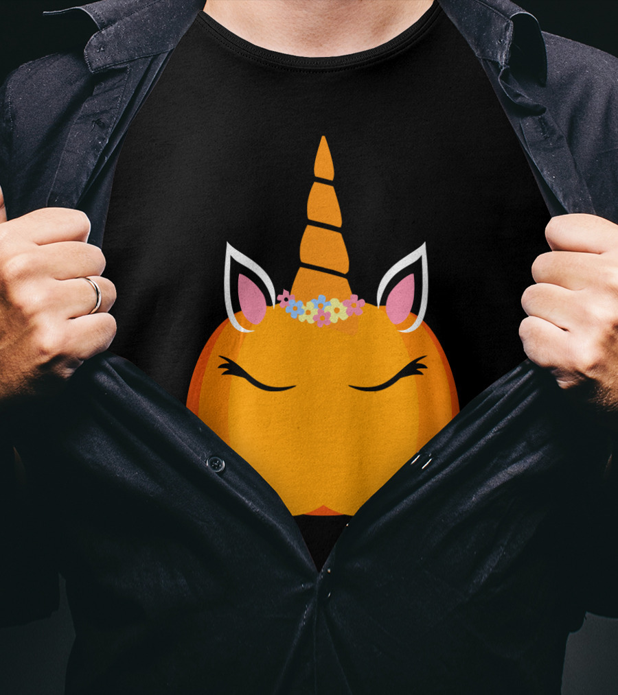 Unicorn Pumpkin With Floral Crown And Sleepy Eyes T-Shirt