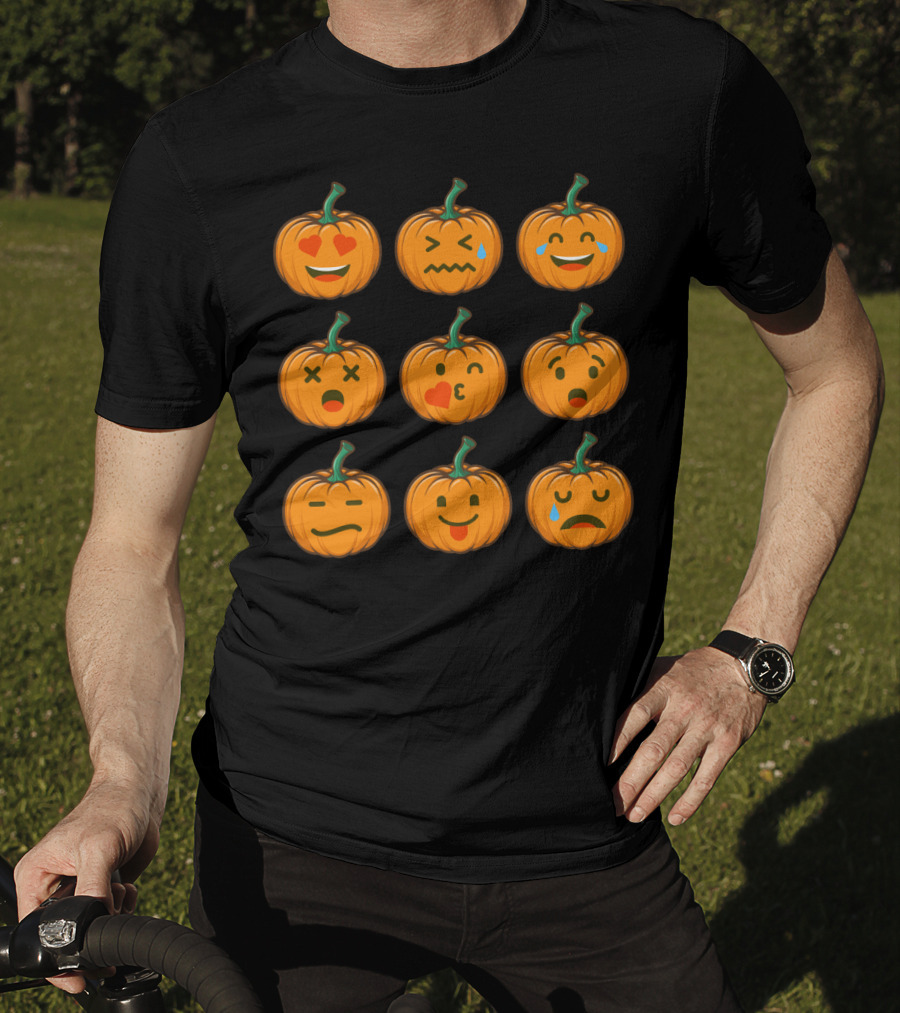 Nine Cute Pumpkin Emoji Expressions With Heart Eyes And Tears T-Shirt