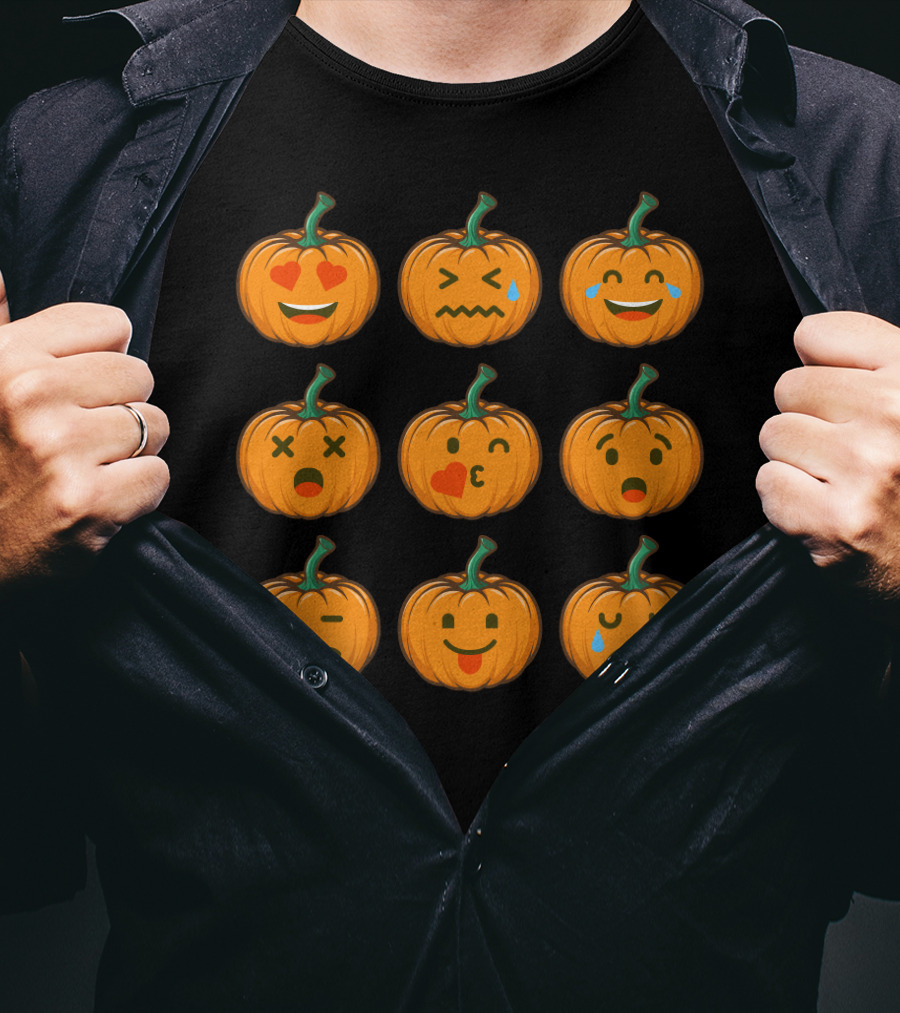 Nine Cute Pumpkin Emoji Expressions With Heart Eyes And Tears T-Shirt