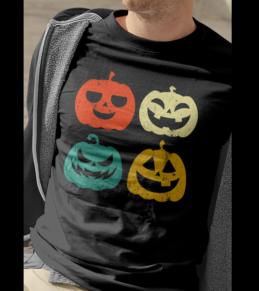 Retro Vintage Pumpkin Halloween Faces Quad Color Grid T-Shirt