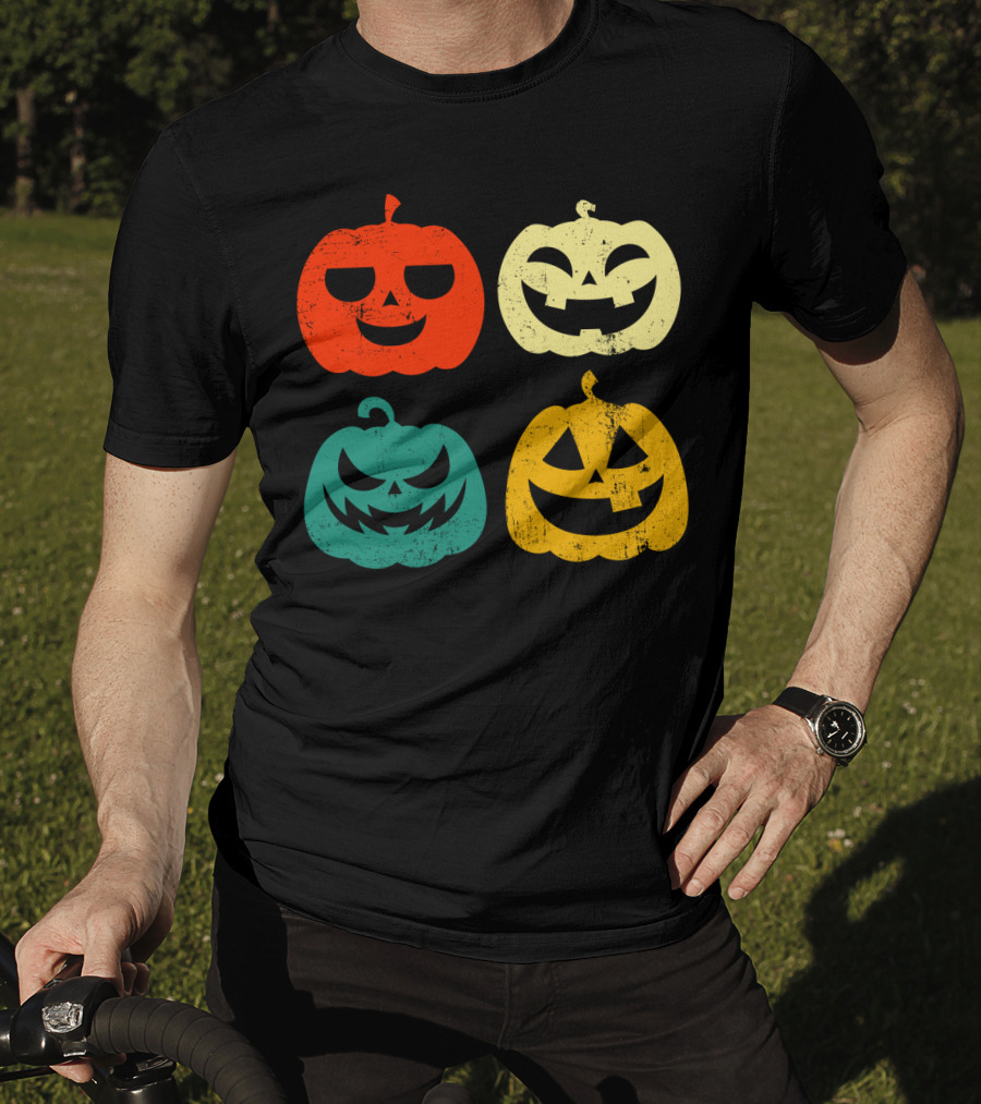 Retro Vintage Pumpkin Halloween Faces Quad Color Grid T-Shirt