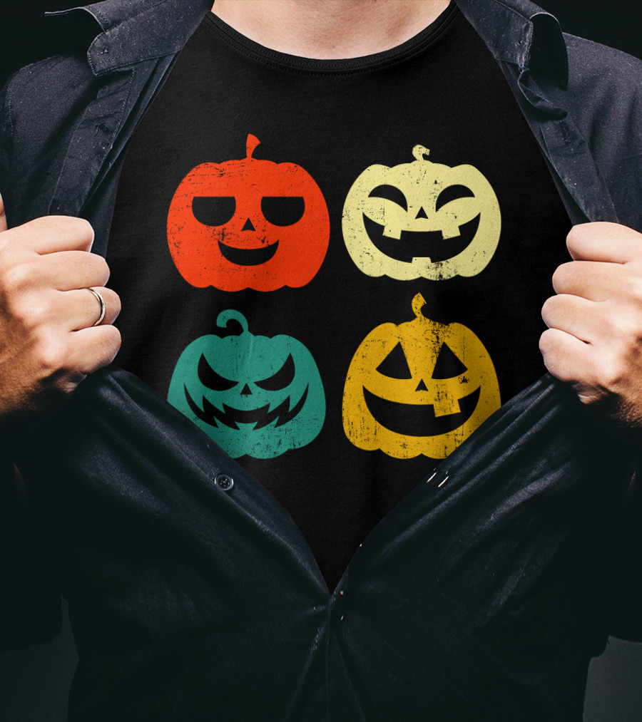 Retro Vintage Pumpkin Halloween Faces Quad Color Grid T-Shirt