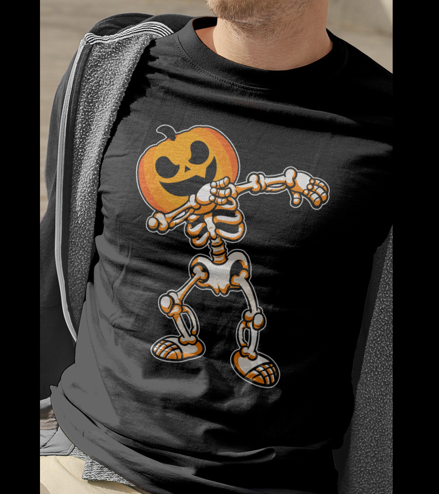 Dabbing Skeleton With Pumpkin Head Halloween Humor T-Shirt