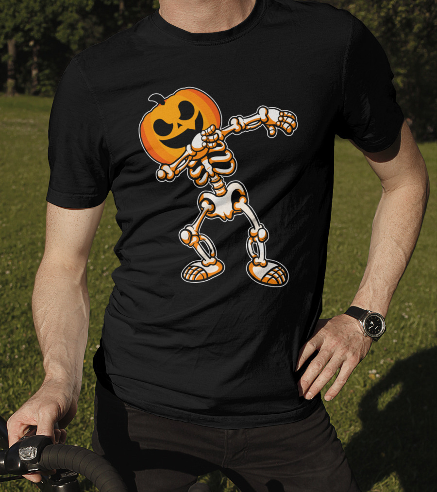 Dabbing Skeleton With Pumpkin Head Halloween Humor T-Shirt