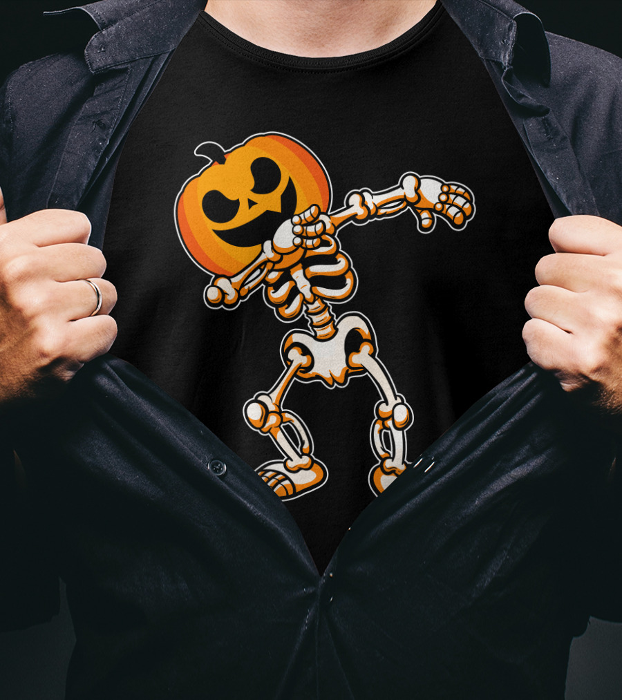 Dabbing Skeleton With Pumpkin Head Halloween Humor T-Shirt