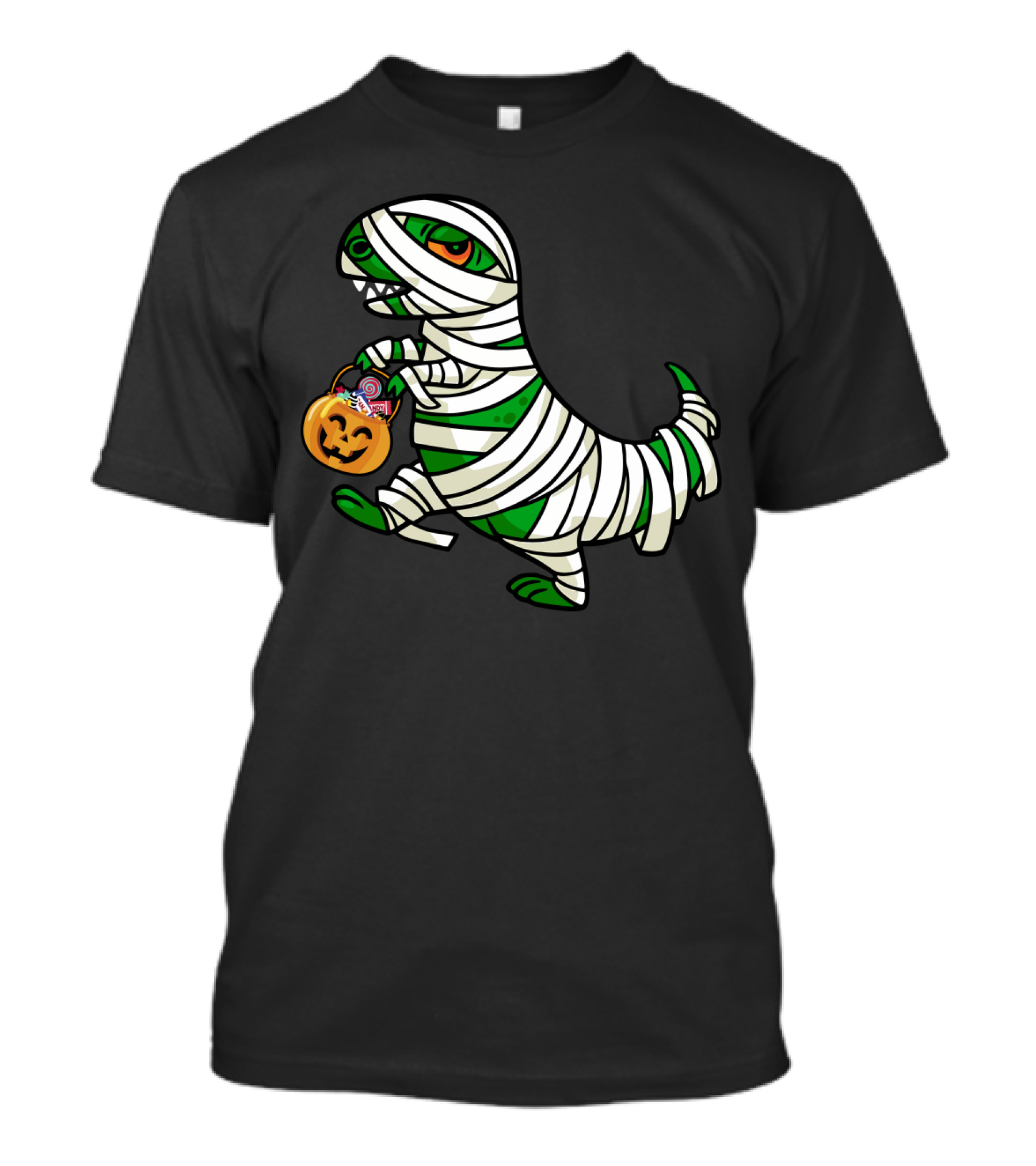 Mummy Dinosaur With Halloween Pumpkin And Candy Basket T-Shirt