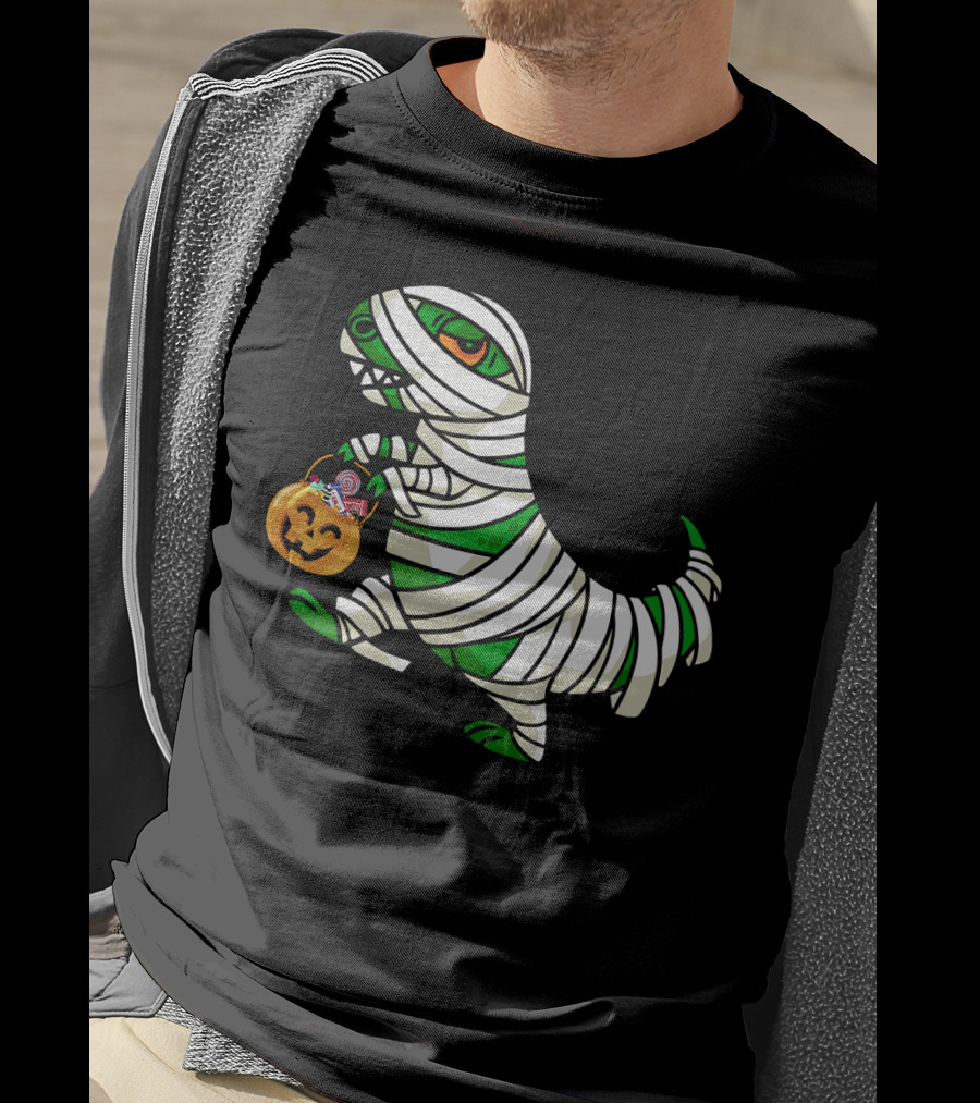 Mummy Dinosaur With Halloween Pumpkin And Candy Basket T-Shirt