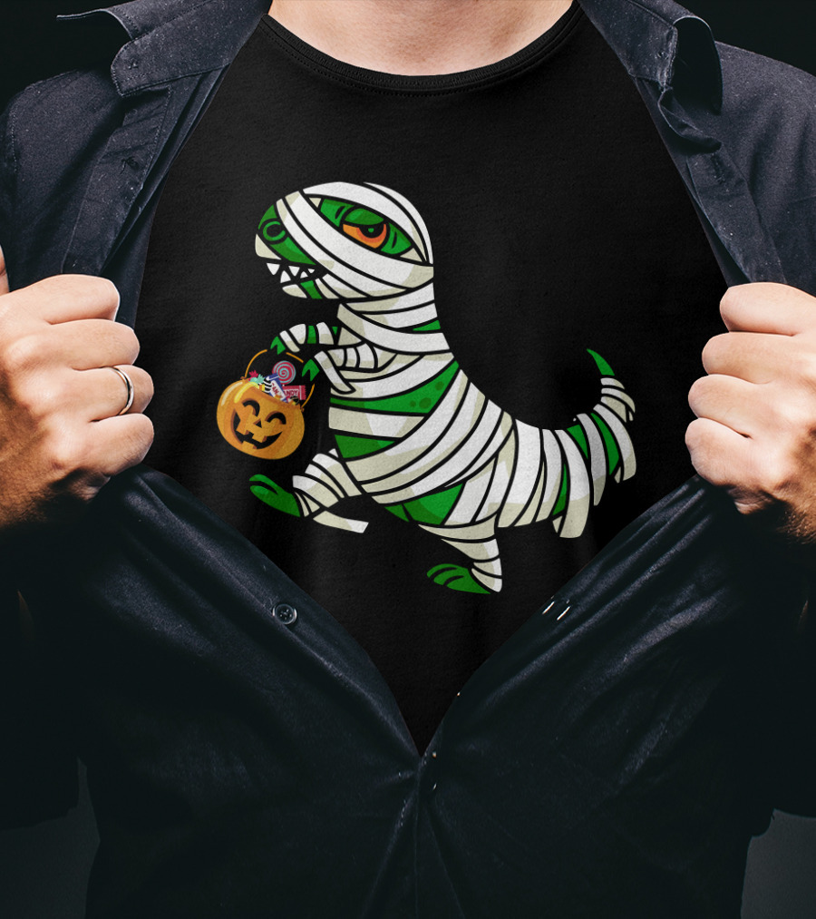 Mummy Dinosaur With Halloween Pumpkin And Candy Basket T-Shirt
