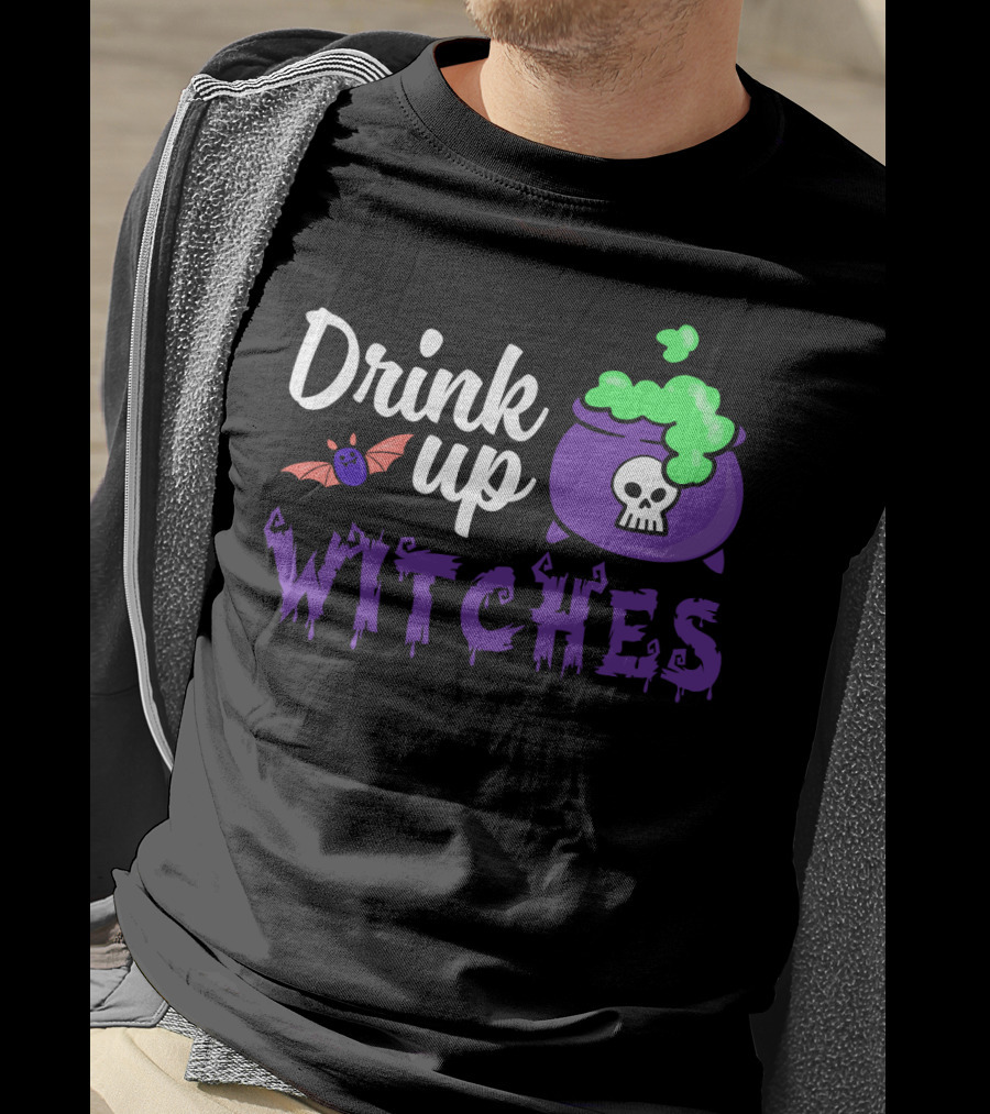 Drink Up Witches Purple Cauldron With Skull And Bat Elements T-Shirt