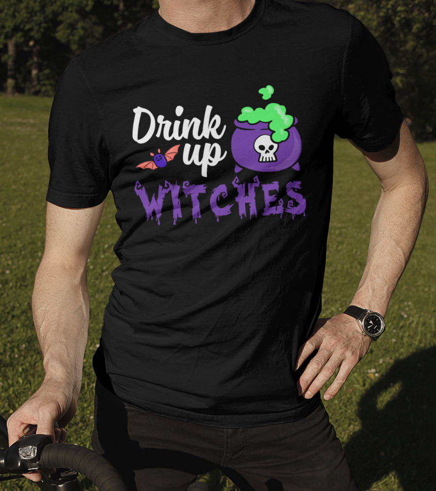 Drink Up Witches Purple Cauldron With Skull And Bat Elements T-Shirt