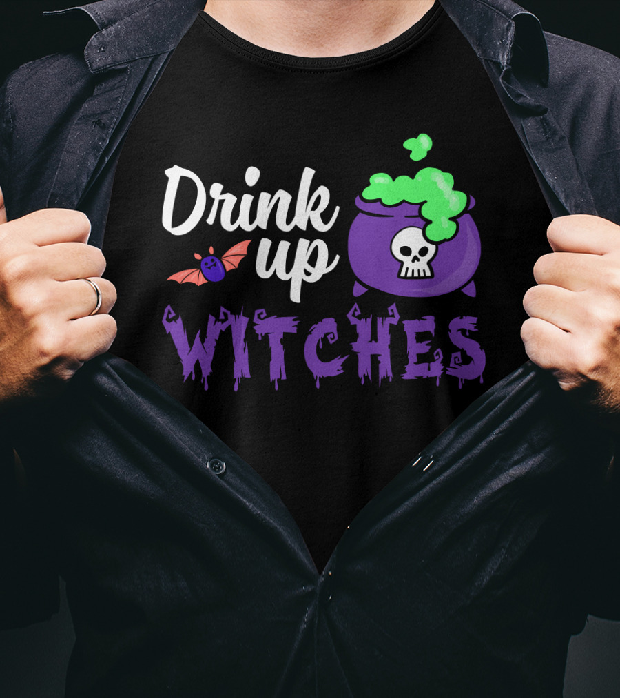 Drink Up Witches Purple Cauldron With Skull And Bat Elements T-Shirt