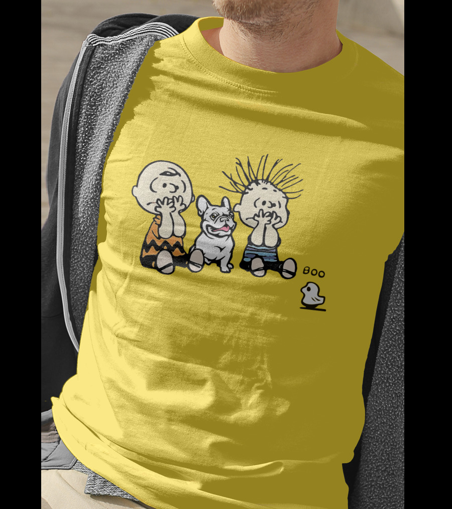 Frenchie Boo Cartoon Characters Surprise Yellow Background T-Shirt