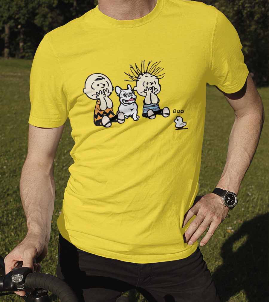 Frenchie Boo Cartoon Characters Surprise Yellow Background T-Shirt