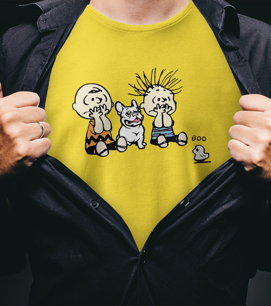 Frenchie Boo Cartoon Characters Surprise Yellow Background T-Shirt