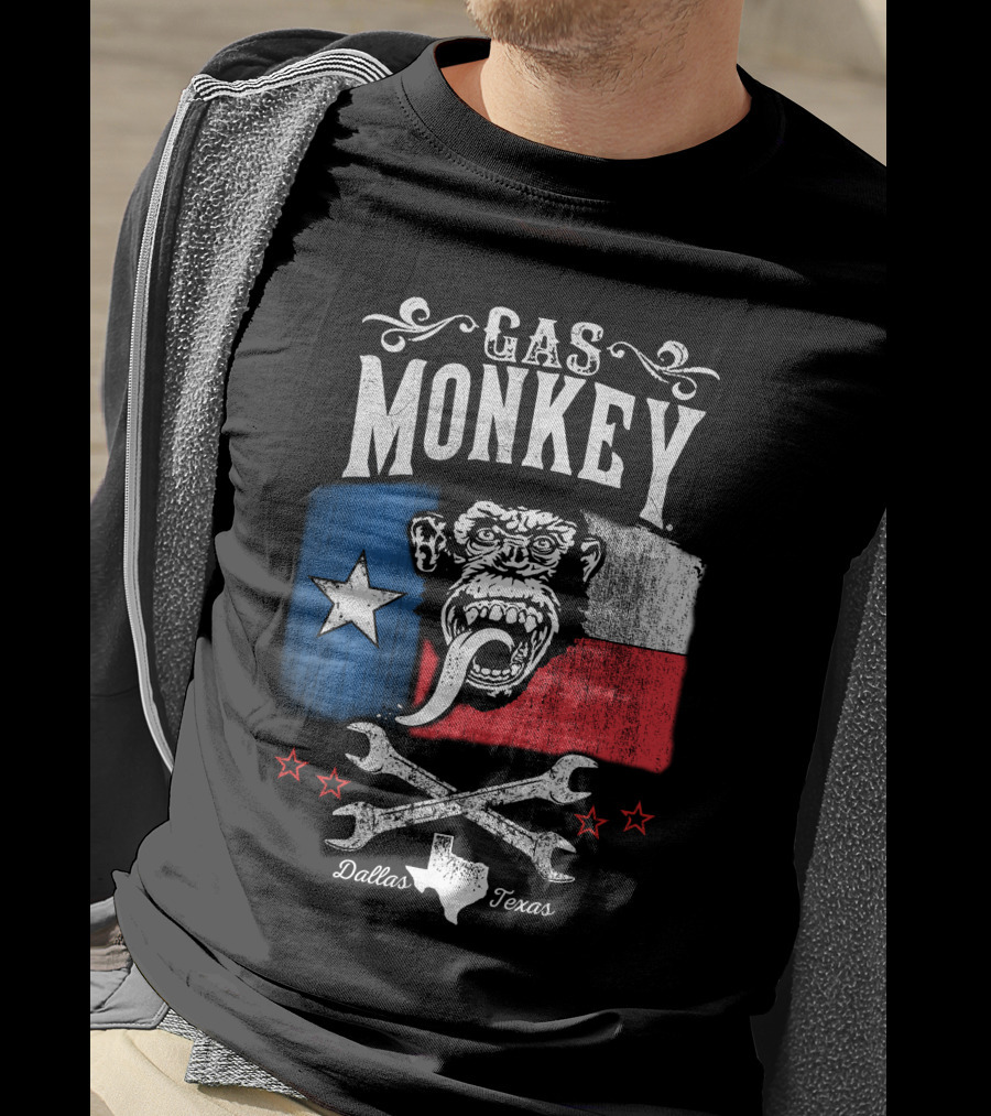 Gas Monkey Garage Dallas Texas Lone Star Flag Monkey Logo Wrenches Stars T-Shirt