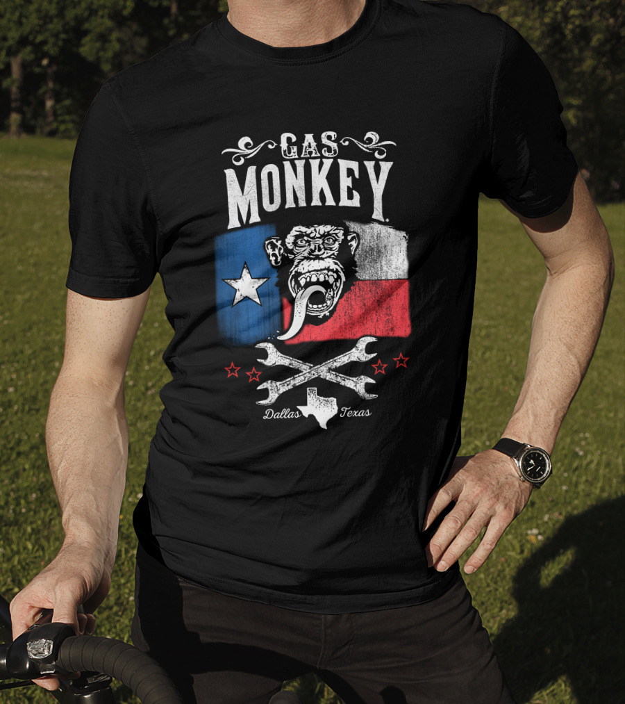 Gas Monkey Garage Dallas Texas Lone Star Flag Monkey Logo Wrenches Stars T-Shirt